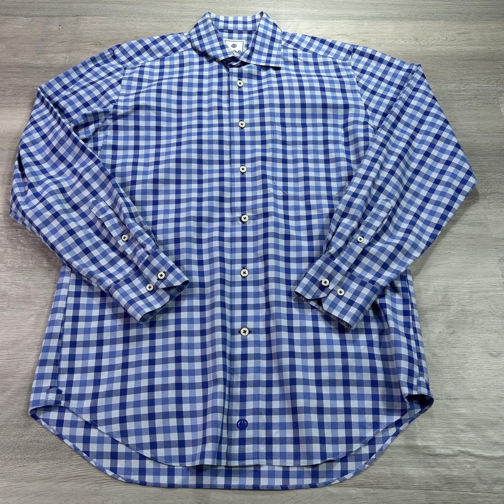 David Donahue Shirt Mens Medium Blue Gingham Check Dress Long Sleeve Cotton
